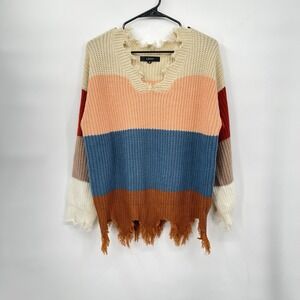 LEANI Womens Colorblock Distressed Chunky Knit Sweater‎ V-Neck Striped Medium